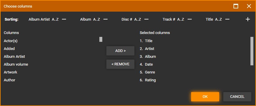 MediaMonkey Filelisting Choose Columns dialog