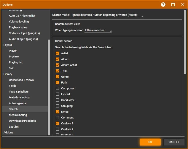 MediaMonkey Options Search